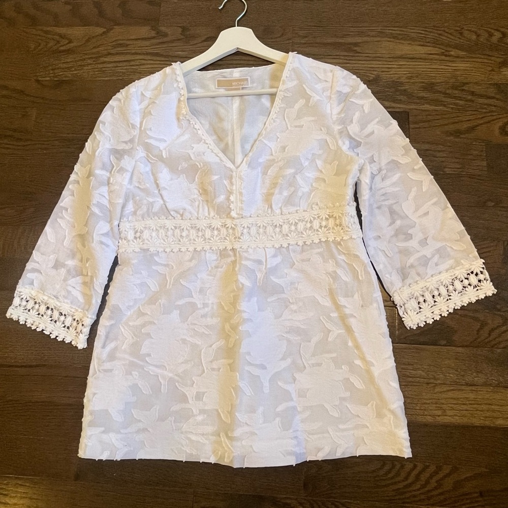 MICHAEL KORS Women's Sz 8 Textured Embroidered Lace Crochet Neck White Tunic boh